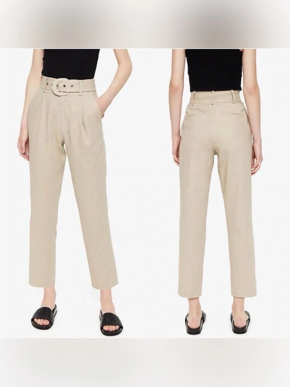 Anine Bing Linen Elyse Trouser Belted Pants in Oat Size 40 EU